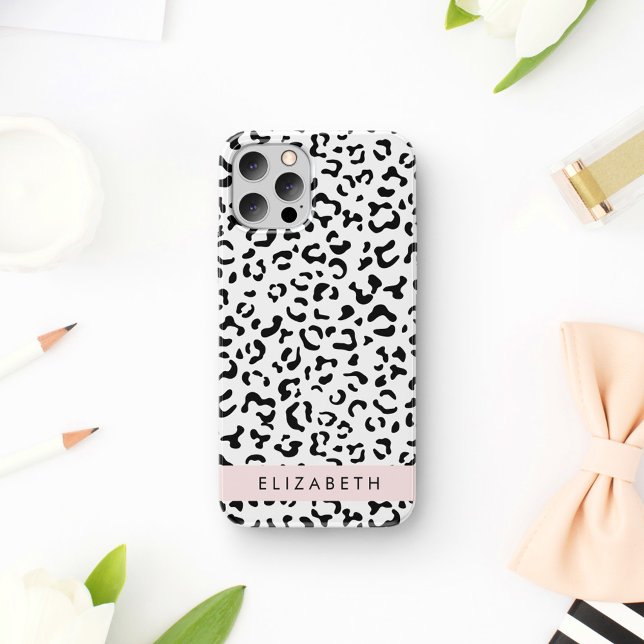 Coque iPhone 16 Impression léopard, Taches, Noir et Blanc, Votre N (Créateur téléchargé)