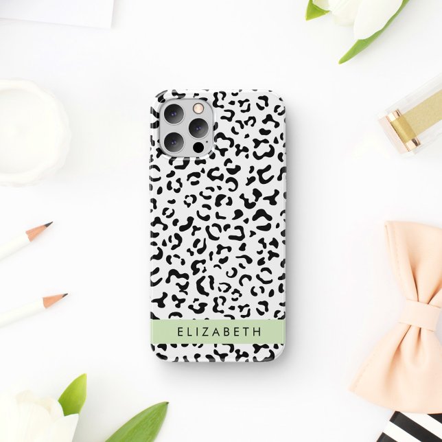 Coque iPhone 16 Impression léopard, Taches, Noir et Blanc, Votre N (Créateur téléchargé)