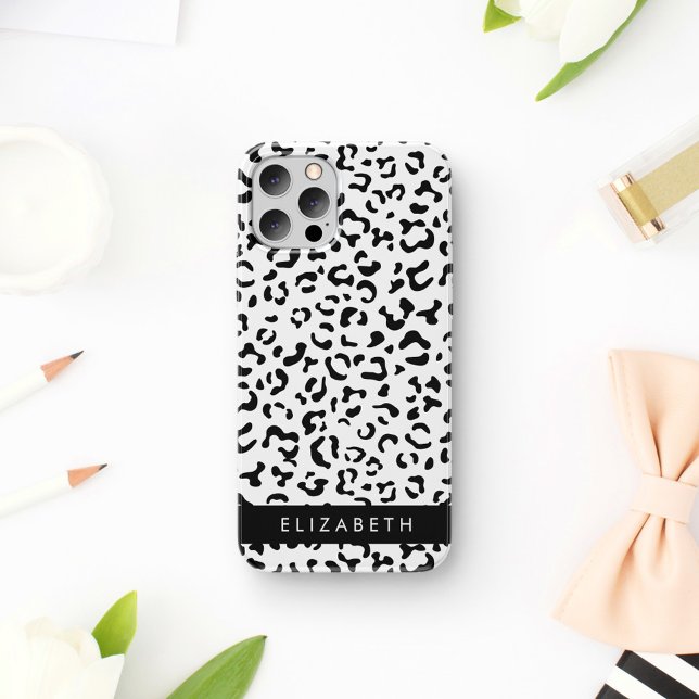 Coque iPhone 16 Impression léopard, Taches, Noir et Blanc, Votre N (Créateur téléchargé)