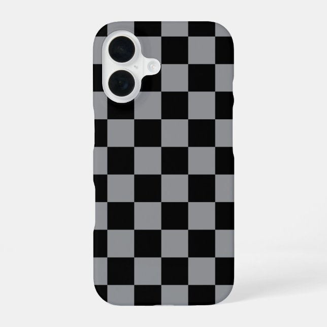 Coque iPhone 16 Imprimé à carreaux noir et gris (Verso)