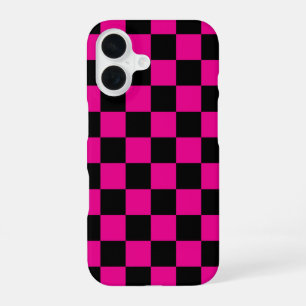 Coque iPhone 16 Imprimé carreauté rose chaud et noir