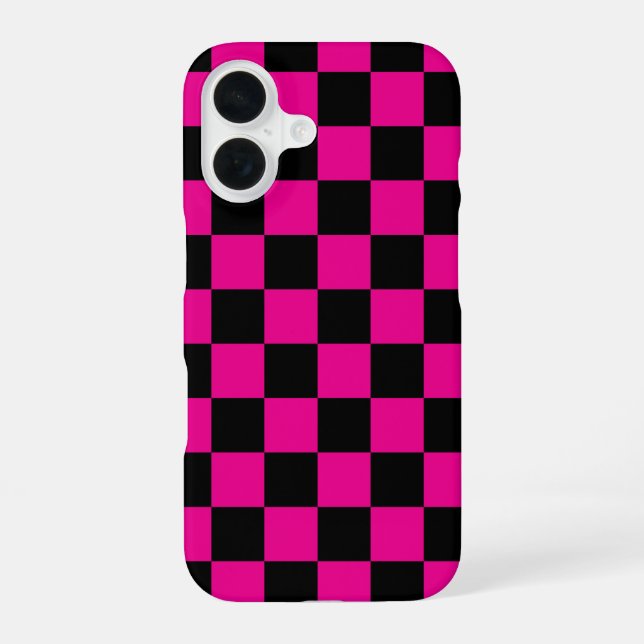 Coque iPhone 16 Imprimé carreauté rose chaud et noir  (Verso)