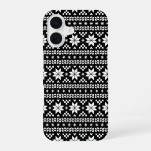 Coque iPhone 16 Imprimé de pull de Noël Fair Isle noir et blanc