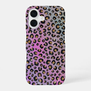 Coque iPhone 16 Imprimé élégant léopard rose bleu or paillettes no