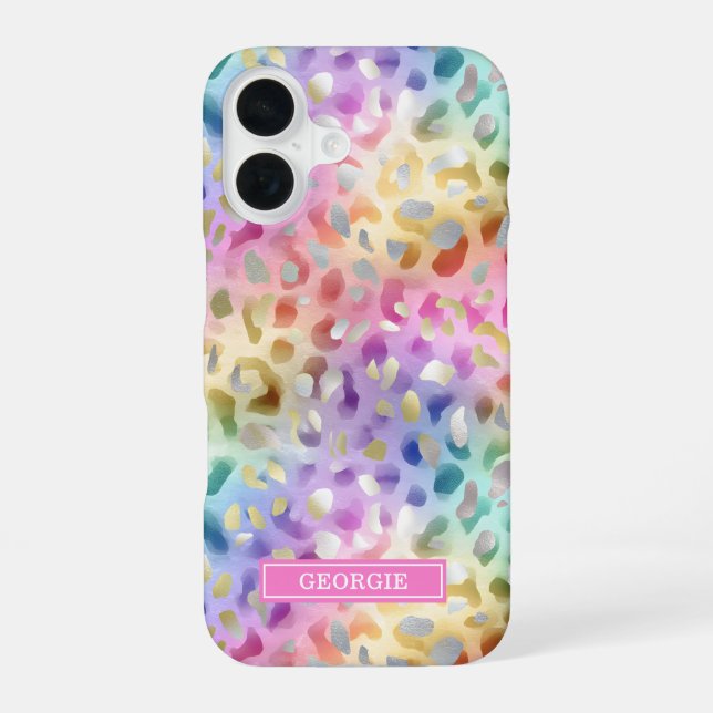 Coque iPhone 16 Imprimé léopard iridescent pastel monogrammé (Verso)