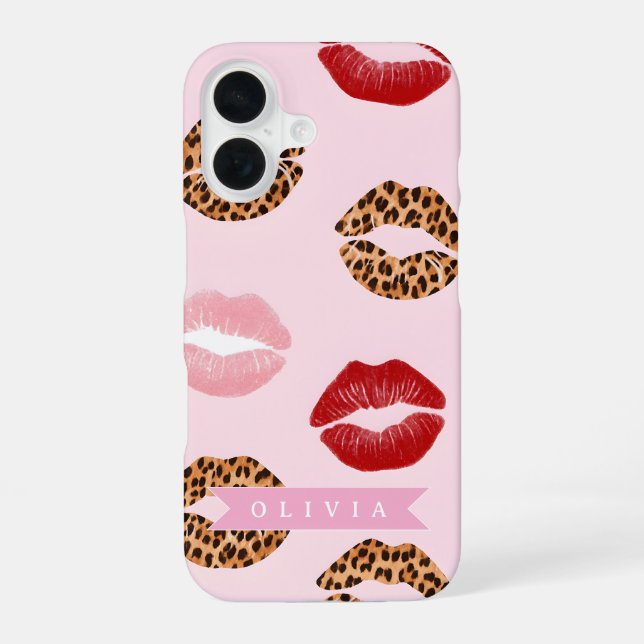 Coque iPhone 16 Imprimé léopard rose chic personnalisé sur les lèv (Verso)
