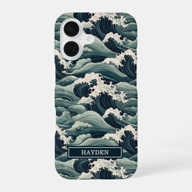 Coque iPhone 16 Imprimé Vagues Japonaises Monogrammé (Verso)