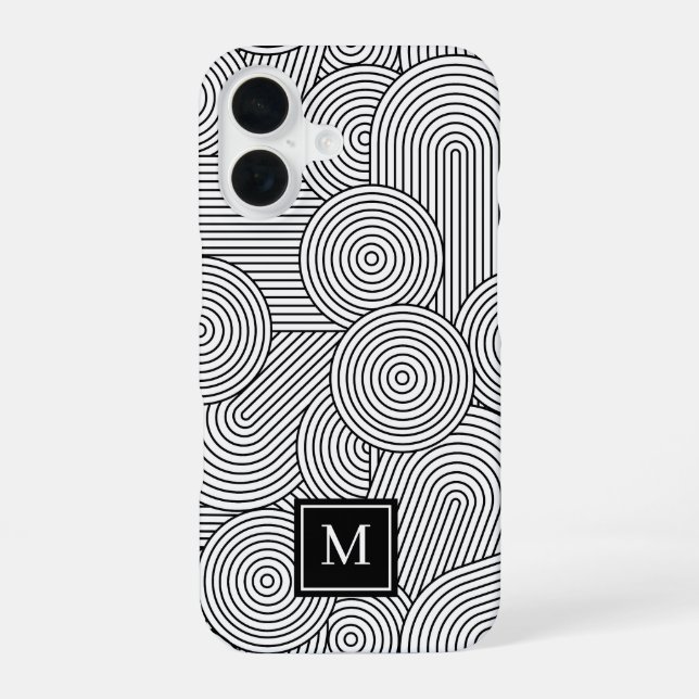 Coque iPhone 16 Initiale monogrammée noir et blanc de style modern (Verso)