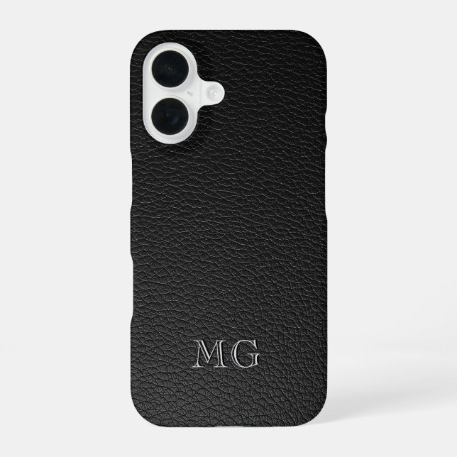 Coque iPhone 16 Initiales blanches en monogramme sur cuir noir mod (Verso)
