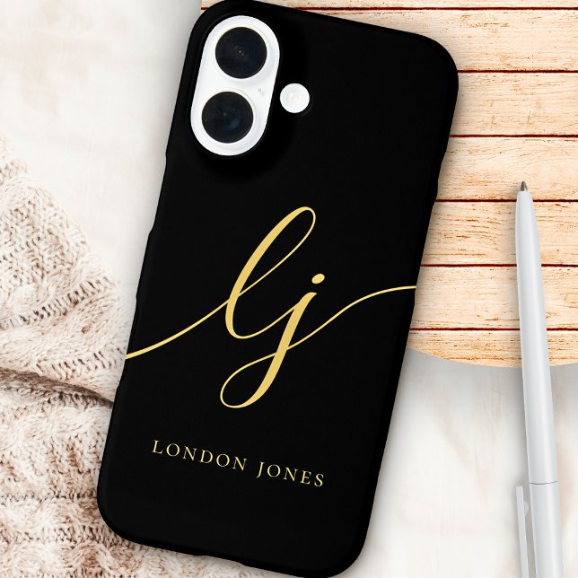 Coque iPhone 16 Initiales de script de calligraphie Monogram noir  (Créateur téléchargé)