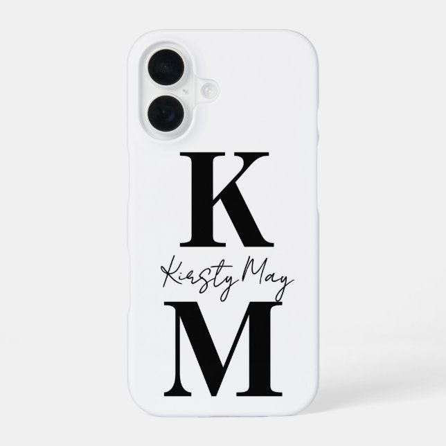 Coque iPhone 16 Initiales Modernes Nom Blanc Noir Personnaliser (Verso)