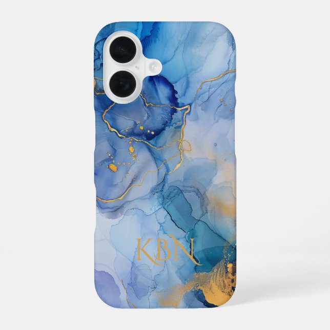 Coque iPhone 16 Initiales Monogramme Aquarelle Encre Alcoolique Or (Verso)