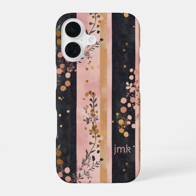 Coque iPhone 16 Initiales Monogramme Fleurs Rayures Rose Or Noir  (Verso)