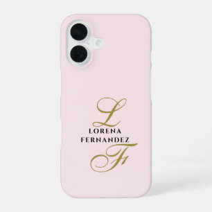 Coque iPhone 16 Initiales Rose Pastel Minimaliste Or Calligraphie