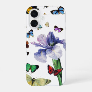 Coque iPhone 16 IRIS PARMI LES PAPILLONS COLORÉS Fleur Blanche