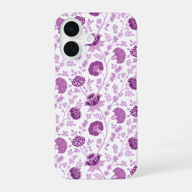 Coque iPhone 16 Jacobean Floral Répétition Motif Pinks sur Blanc (Verso)