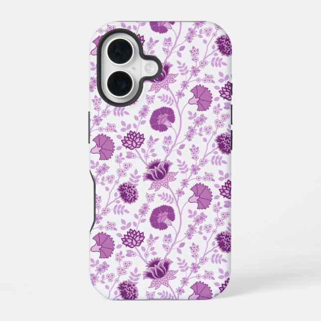 Coque iPhone 16 Jacobean Floral Répétition Motif Pinks sur Blanc (Verso)