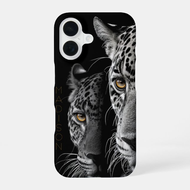 Coque iPhone 16 Jaguars jumeaux - Yeux ambrés (personnalisables) (Verso)