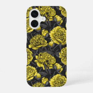 Coque iPhone 16 Jardin de pivoines nocturnes en jaune et gris