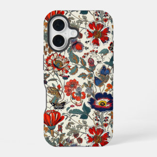 Coque iPhone 16 Jardin floral en rouge et bleu foncé