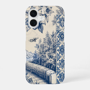 Coque iPhone 16 Jardin Toile Bleue Personnalisé