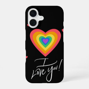 Coque iPhone 16 Je t'aime et cœur arc-en-ciel