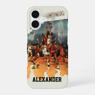 Coque iPhone 16 Jeu de basket-ball sportif vintage, joueurs de bas