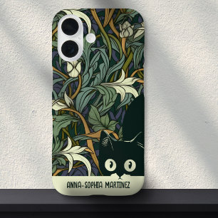 Coque iPhone 16 Joli Art Nouveau floral chat personnalisé vert ble