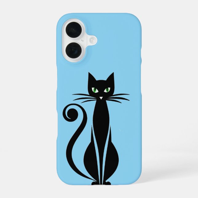 Coque iPhone 16 Joli Chat Noir Avec Des Yeux Verts (Verso)