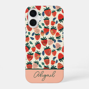 Coque iPhone 16 Joli design de fraise avec nom personnalisé