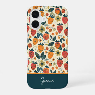Coque iPhone 16 Joli design de fraise avec nom personnalisé