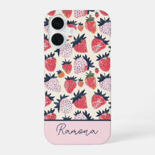 Coque iPhone 16 Joli design fraise avec nom personnalisé