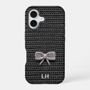 Coque iPhone 16 Joli fil de crochet noir avec noeud papillon perso