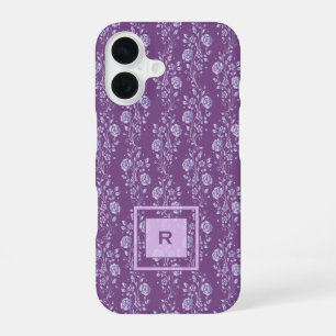 Coque iPhone 16 Joli monogramme floral pourpre et Lilac