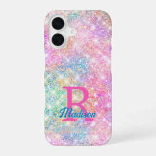 Coque iPhone 16 Joli monogramme iridescent licorne rose faux paill