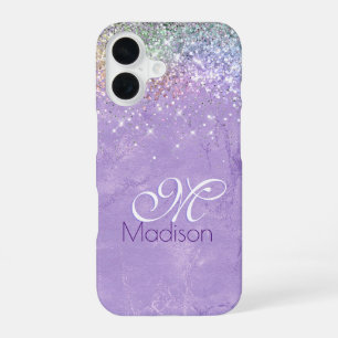 Coque iPhone 16 Joli monogramme iridescent lilas violet faux paill