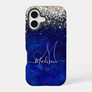 Coque iPhone 16 Joli monogramme pailleté faux or bleu royal