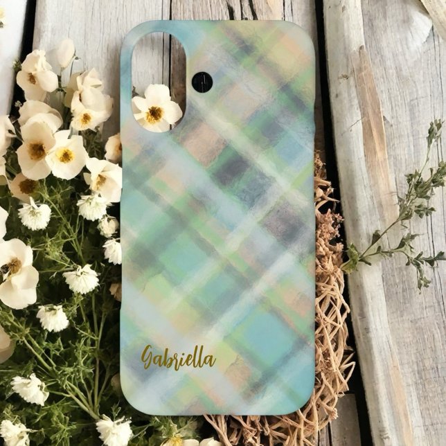 Coque iPhone 16 Joli motif à carreaux sarcelle jaune gris vert ave (Créateur téléchargé)