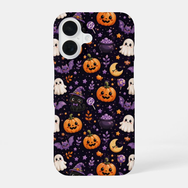 Coque iPhone 16 Joli motif d'art de citrouille de fantôme de chat  (Verso)