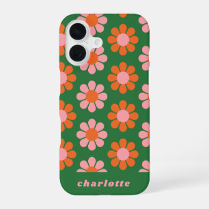 Coque iPhone 16 Joli motif de fleurs rétro coloré Vert Rose Nom