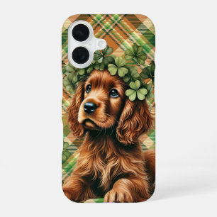 COQUE iPhone 16 JOLI VISAGE DE CHIEN SETTER IRLANDAIS AVEC TRÈFLES