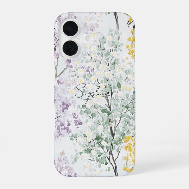 Coque iPhone 16 Jolies fleurs violettes lavande vert jaune (Verso)