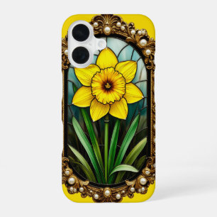 Coque iPhone 16 Jonquille colorée dans un cadre doré
