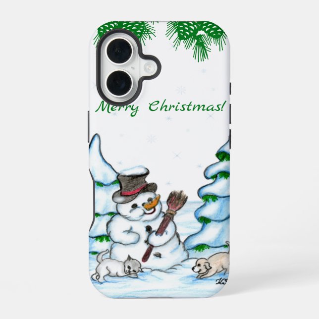 Coque iPhone 16 Joyeux Noël ! Bonhomme de neige avec chat et chiot (Verso)