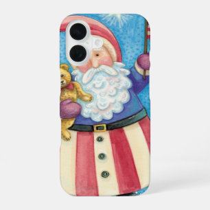Coque iPhone 16 Joyeux Noël, Père Noël patriotique avec drapeau