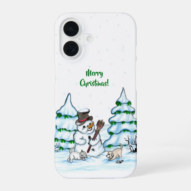 Coque iPhone 16 Joyeux Noël ! Snowman avec chat et chiot (Verso)