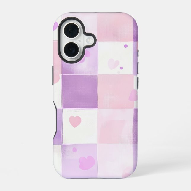 Coque iPhone 16 Kawaii Heart En vichy Téléphone (Verso)