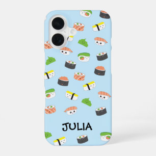 Coque iPhone 16 Kawaii personnalisé, illustration sushi bleu migno