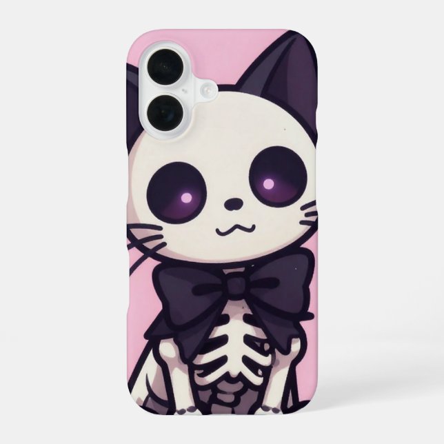 Coque iPhone 16 Kawaii Skeleton Cat Pink Halloween Case (Verso)