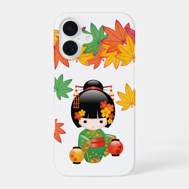 Coque iPhone 16 Kimono Vert Automnal Poupée Kokeshi Feuilles d'Éra (Verso)
